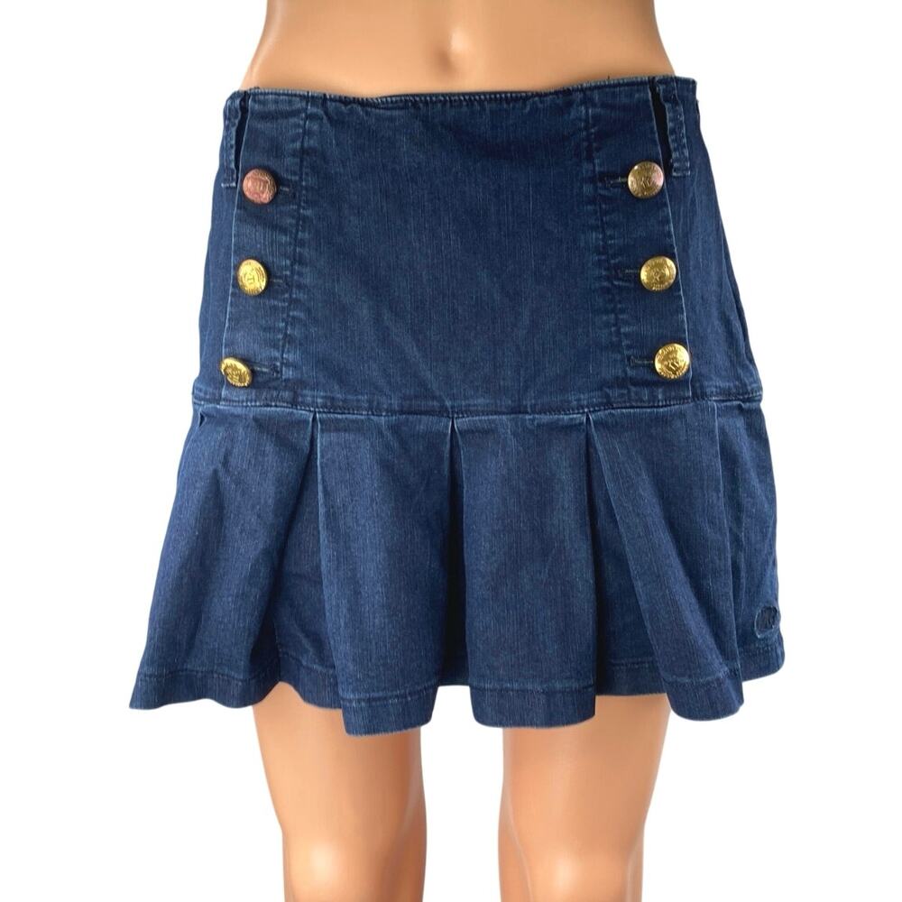 E-Land Blue Gold Button Flare Pleated Side Zip A Line Denim Jean Skirt Size S